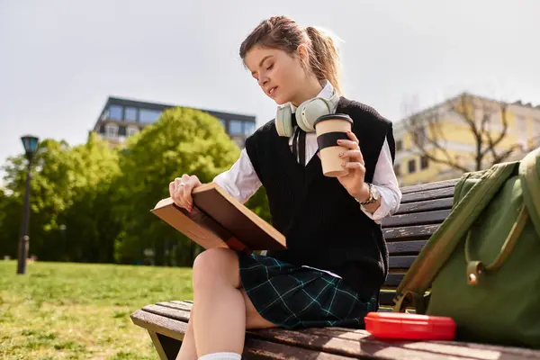 A young adult student relaxes on a bench, immersed in a book with delicious coffee in hand. — Stock Photo