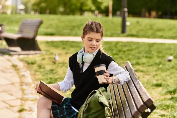 Young adult woman in stylish outfit relaxes on a park bench, enjoying coffee and a book. — Stock Photo