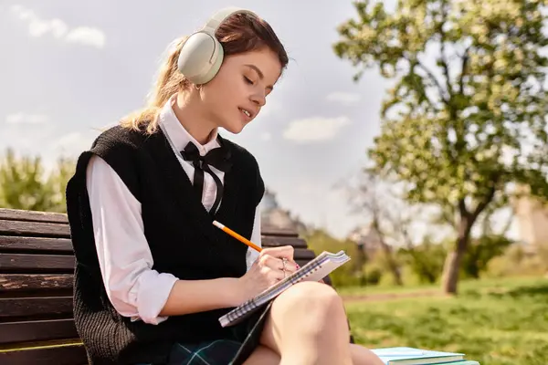 College girl in un vestito alla moda si siede su una panchina, scrivendo note mentre si gode il sole. — Foto stock