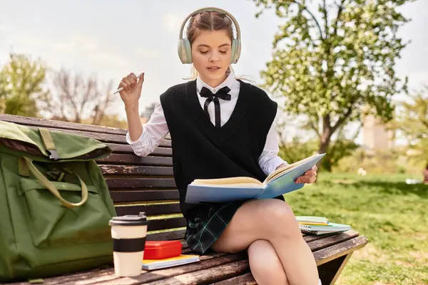 A young adult college girl relaxes on a bench, immersed in her studies with headphones on. — Stock Photo