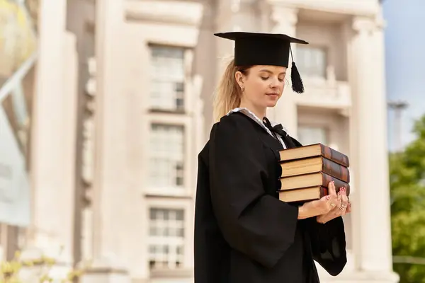 Um jovem graduado orgulhoso em boné e vestido detém livros fora da universidade. — Fotografia de Stock