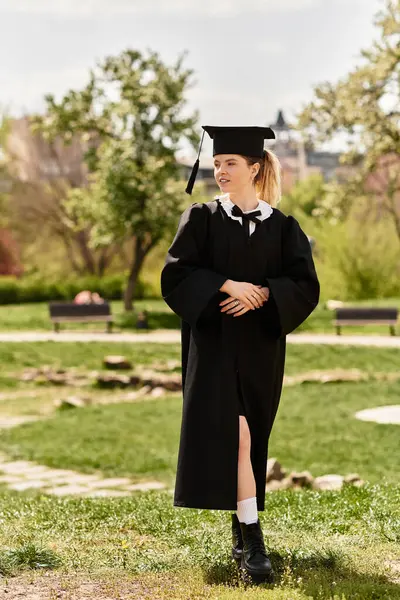 A young college graduate enjoys her special day wearing a graduation gown in a vibrant park setting. — Stock Photo