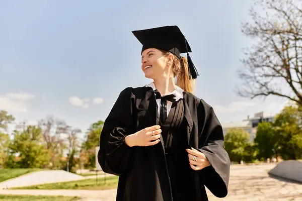 Joyful young adult in graduation gown and cap enjoys her achievement outdoors under clear skies — Stock Photo