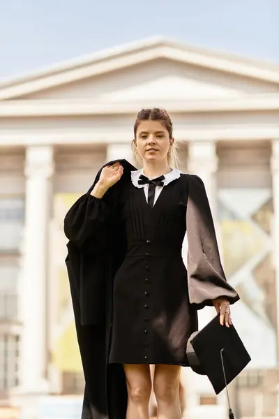 Mujer joven en vestido de graduación posa orgullosamente con gorra y bata en su campus universitario. - foto de stock