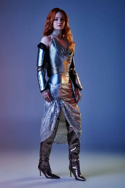 Radiating beauty, a young woman in silver armor stands confidently, blending elegance and fantasy. — Stock Photo
