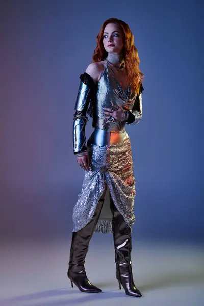 Woman dazzles in a castle core outfit with metallic elements and chic accessories. — Stock Photo