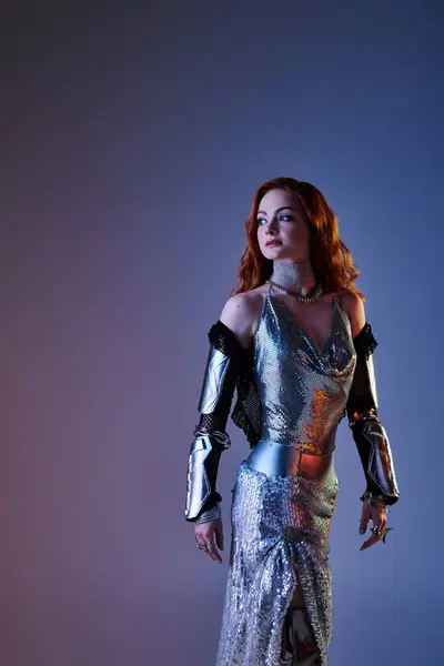 A beautiful woman stands gracefully, showcasing innovative castle core fashion with armor details. — Stock Photo