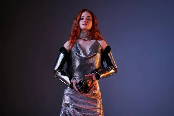 An elegant young woman blends knightcore and high fashion in a stunning pose. — Stock Photo