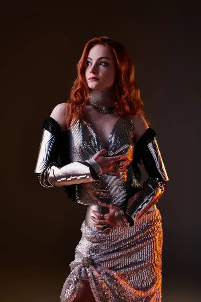A stunning young woman in knightcore attire poses gracefully with elegance. — Stock Photo
