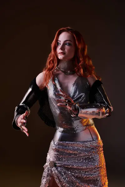 A striking young woman in shimmering attire captures the elegance of castle core style. — Stock Photo