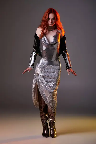Young woman showcases elegant attire with a blend of knightcore elements in enchanting atmosphere. — Stock Photo