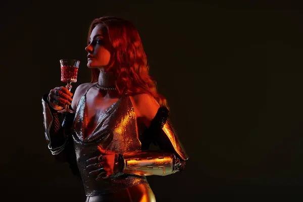 A young woman adorned in intricate armor savors a ruby beverage, set in a magical castle atmosphere. — Stock Photo