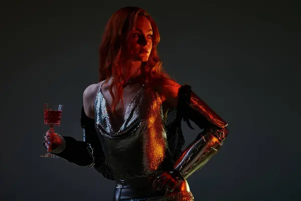 A young, beautiful woman with flowing hair stands confidently in shimmering armor, holding a drink. — Stock Photo