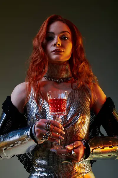 A young, beautiful woman adorned in metallic attire stands confidently with a red drink. — Stock Photo