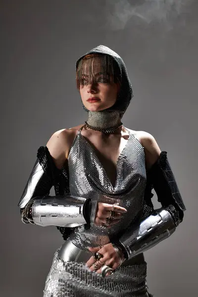 A young woman flaunts a stylish knightcore look in metallic attire, radiating confidence. — Stock Photo