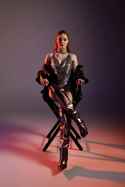 Young and beautiful woman showcases a dazzling outfit while sitting confidently in a modern chair. — Stock Photo