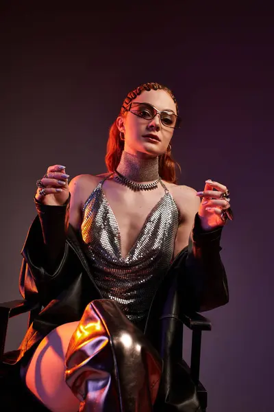 Charming young woman showcases stunning style in a metallic dress, evoking a regal castle core vibe. — Stock Photo