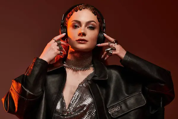 Mujer joven en traje elegante muestra una fusión del núcleo del castillo y el estilo contemporáneo mientras posa. — Stock Photo