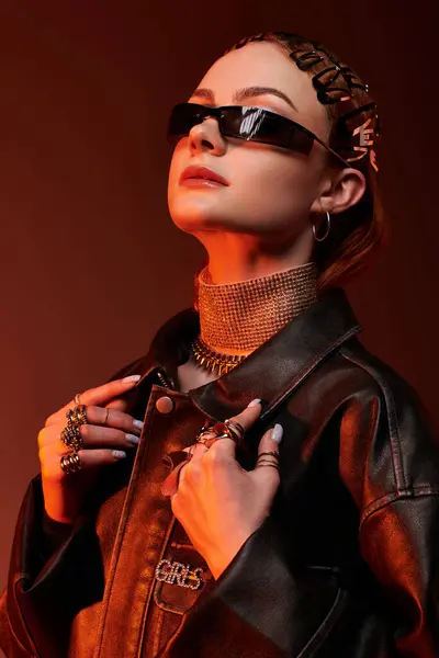Una joven confiada muestra la moda elegante del castillo y los accesorios elegantes. - foto de stock