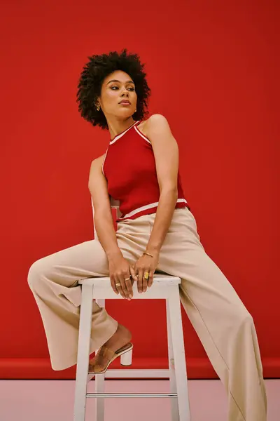 Young woman confidently poses on a stool wearing fashionable attire with a bold red background. — Stock Photo