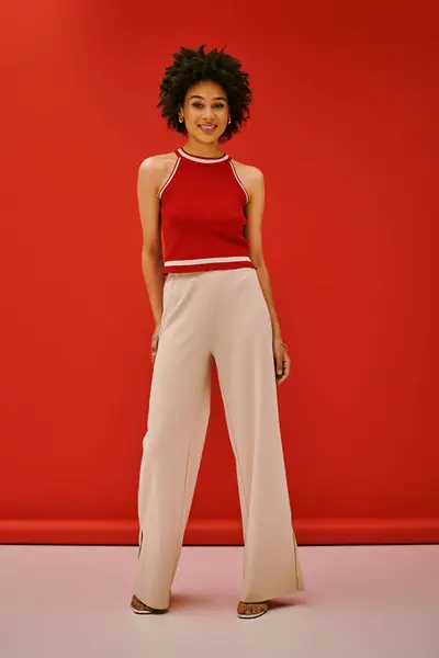 Fashionable woman showcases her beauty and style in a trendy outfit, exuding confidence. — Stock Photo