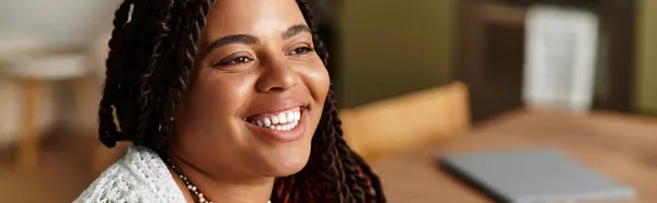 A young african american woman enjoys a peaceful morning at home, savoring calmness and comfort, banner — Stock Photo