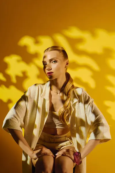 A vibrant young woman showcases her stylish attire, posing confidently amidst striking shadows. — Stock Photo