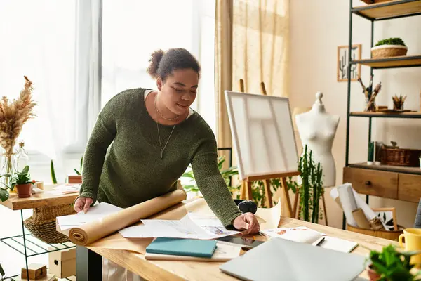 Una bella donna gode di attività creative in un laboratorio di artigianato soleggiato e stimolante. — Foto stock