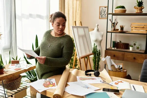 A focused woman explores her artistic creations in a vibrant crafting workshop surrounded by plants. — Stock Photo