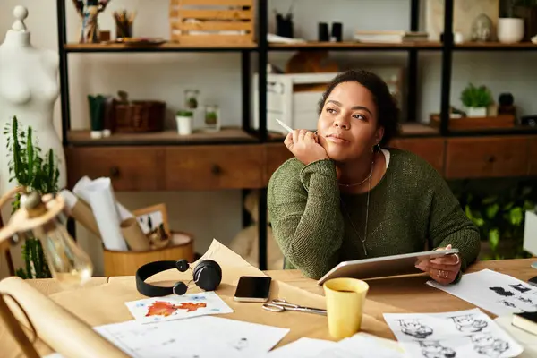 A creative woman happily crafts in a bright workshop filled with tools and ideas. — Stock Photo