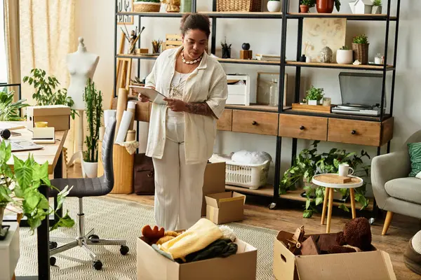 A creative woman engages with her crafting materials, surrounded by inspiring decor and plants. — Stock Photo
