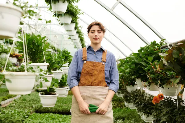 Una mujer joven tiende a florecer las plantas en un invernadero brillante, mostrando sus habilidades de jardinería. - foto de stock