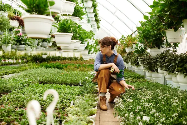 Uma jovem mulher nutre suas plantas prósperas em uma estufa colorida, abraçando alegria e crescimento. — Fotografia de Stock