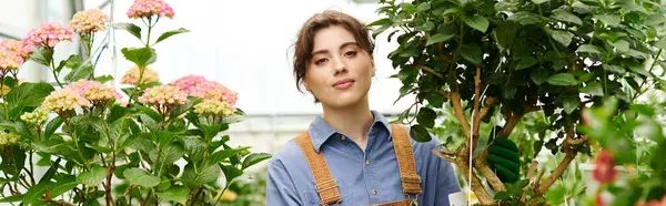A young woman with a green thumb tends to blossoming plants in a bright greenhouse, banner — Stock Photo
