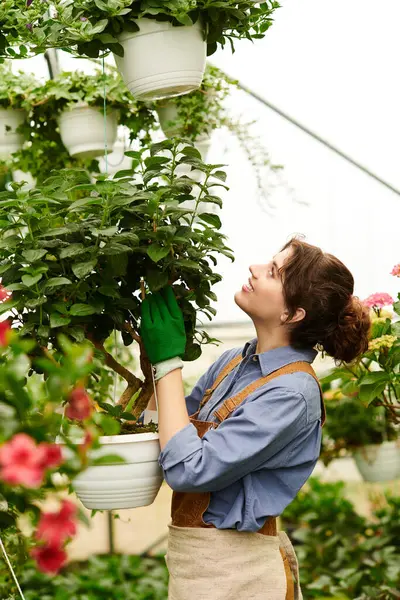 Um jovem jardineiro sorri brilhantemente enquanto nutre suas plantas florescentes na estufa. — Fotografia de Stock