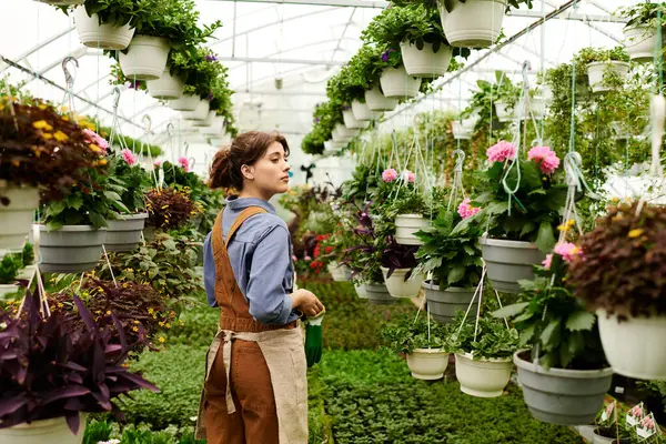 Um jardineiro feliz tende a florescer plantas em uma estufa bem iluminada cercada pela natureza. — Fotografia de Stock