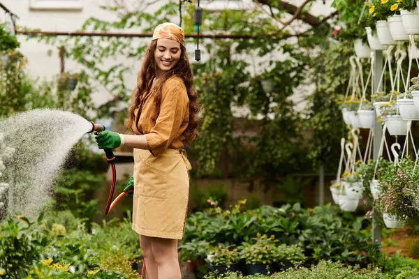Delicioso jardinero femenino con un pañuelo en la cabeza que tiende a las plantas en un invernadero soleado. — Stock Photo