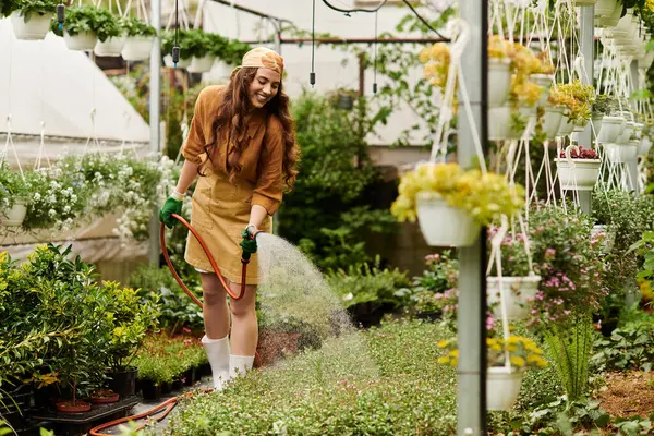 A young woman with a headscarf waters lush plants in a cozy greenhouse, embodying bliss. — Stock Photo