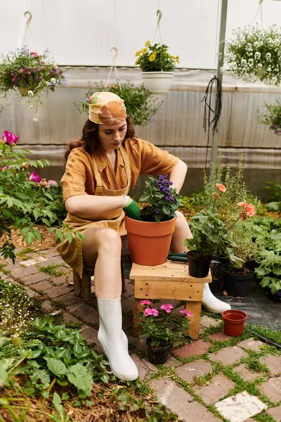 Une jeune femme heureuse tend à plantes colorées dans sa serre, mettant en valeur son pouce vert. — Photo de stock