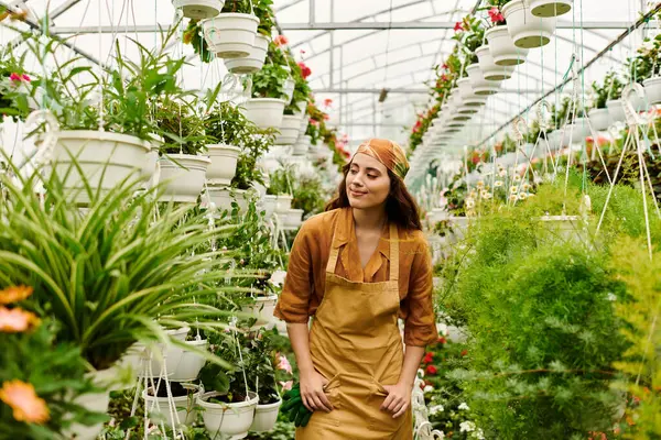 In a lively greenhouse, a young woman in a headscarf joyfully tends to her plants, radiating bliss. — Stock Photo
