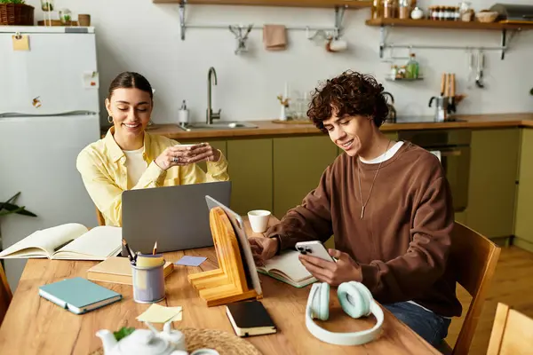 A warm, inviting room buzzes with joy as a couple enjoys their daily routines together. — Stock Photo