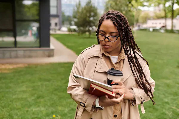 A university teacher reads her tablet in a sunny park, coffee in hand. — Stock Photo