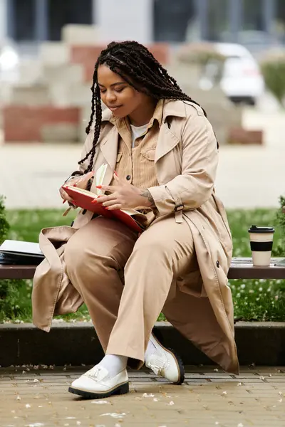 A university teacher enjoys the outdoors, writing lesson notes while seated on a bench. — Stock Photo