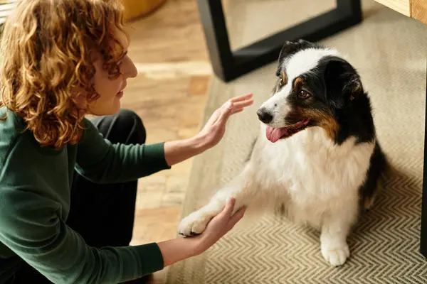 Um jovem senta-se no chão, engajando-se com seu cão em um espaço acolhedor e acolhedor. — Fotografia de Stock