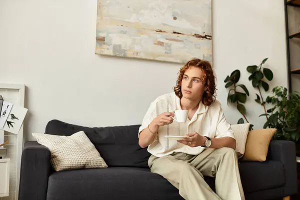 A young man sits comfortably on the couch, enjoying a warm drink in a cozy home environment. — Stock Photo