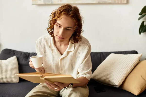 Un joven guapo se relaja en un cómodo sofá, absorto en un libro mientras bebe. - foto de stock