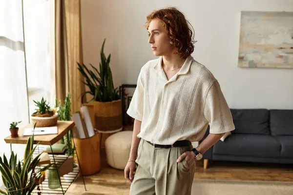 Young man stands in a sunny living space, lost in thought among houseplants and modern decor. — Stock Photo