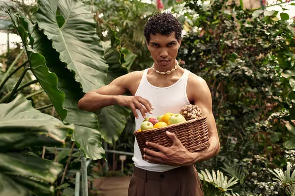 A handsome man enjoys his time surrounded by greenery, harvesting fresh fruits in a greenhouse. — Stock Photo