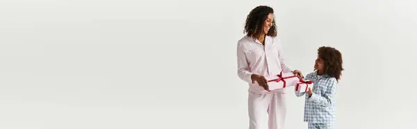 An African American Mother accepts a wrapped gift from her daughter, banner — Stock Photo