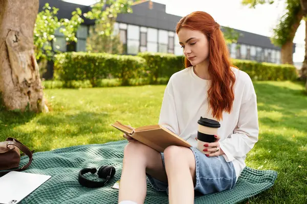 Rilassandosi all'aperto, una giovane donna dai capelli rossi legge il suo libro sorseggiando un caffè. — Foto stock